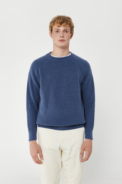 BLUE WOOL RIBBED CREW NECK