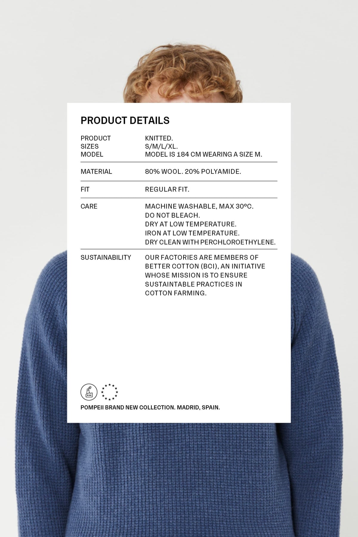 BLUE WOOL RIBBED CREW NECK